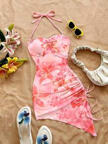 优雅印花针织修身连衣裙，无袖系带沙滩度假连衣裙，女士春夏款 - 彩色 - 查看 5