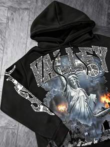 Mens Y2K Letter Print Zip Hoodie Oversized Streetwear Graphic Pullover Harajuku Style Jacket - 黑色 - 查看 4
