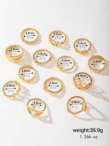 13pcs/Set Vintage Fashionable Multi-Element & Multi-Style Rhinestone Decorated Women's Ring Set, Suitable For Daily Wear, Music Festivals, Beach Trips - Gold - View 4