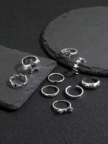 9pcs Vintage Distressed Metal Star Rings Set, Sweet & Cool Minimalist Style Letter & Bow Decor For Women - Grey - View 3