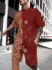 Men's Athletic Short-Sleeved Beach Shorts Set, Featuring A Red And Gold Chinese Dragon Pattern All-Over Print, Drawstring Design, Slightly Stretchy Polyester Fiber, Sporty And Casual Style, Lightweight And Comfortable, Machine Washable All Year Round. - Nhiều màu - Xem 3