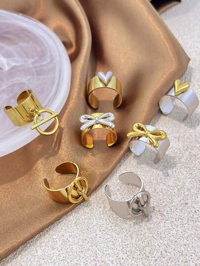 1pc 304 Stainless Steel Wide Band Ring With Welded Heart & Bow Knot OT Clasp, Minimalist Fashionable Chain Ring, 18K Gold Vacuum Plated, Classic Gift