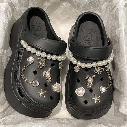 Summer Ins Thick Sole Hollow Sandals, Personalized DIY Decor Women's Comfortable Pearls & Heart Design Slip-On Sandals