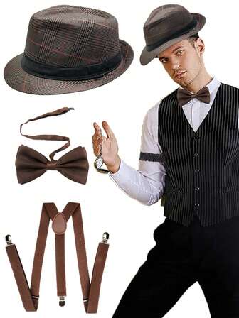 3 st Forever & Moment 1920-talskostymaccessoarer för män, rutig fedorahatt, fluga, Y-rygghängslen, 20-tals retro festoutfit - för evenemang med Gatsby-tema, galor, scenframträdanden, utomhusaktiviteter, gangster-cosplay-klädsel