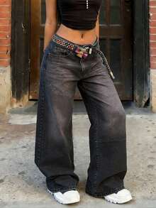 Y2K Damen Graue Verwaschen Tief Sitzende Weite Schlaghose, Vintage Straßen-Stil Lässig Jeans, Vielseitige Alltagshose - Grau - Übersicht 4