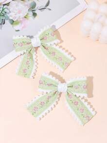 2pcs Flower Embroidery Hair Bows For Girls Pastel Pink Blue Green Embroidery Flower Bow Hair Clips Cute Pom-Pom Trim Bow Alligator Clips Girls Daily Wedding Party Barrettes Baby Hair Accessories - Multicolor - View 9