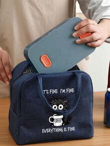 Thermal Bag, "It'S Fine I'm Fine Everything Is Fine" Graphic Print With Coffee Cup & Design ,Women'S Funny Coffee Lover ,With A Black Cutlery Storage Bag, A Double Pocket Lunch Box Bag, Large Capacity, Student Meal Insulated Refrigerated Bag - Multicolor - View 4