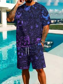 Two-Piece Men's Casual Party Set In Summer, Featuring A Purple Background And Fun Graphic Pattern, Made Of Knitted Fabric, Short-Sleeved Shirt And Beach Shorts. - 彩色 - 查看 2
