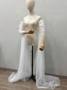 飘逸婚纱披肩，薄纱新娘披肩，适用于婚礼仪式、晚宴礼服、活动主持人、晚礼服装饰。拖尾袖设计，秋季女装配饰。 - 彩色 - 查看 13