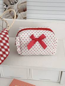 Bolsa con cremallera de tela suave con decoración de pequeño corazón rojo y lazo, bolsa de maquillaje portátil para uso diario o viajes, almacenamiento conveniente para artículos pequeños, elegante y bonita para el dormitorio universitario o necesidades diarias - Multicolor - Ver 7