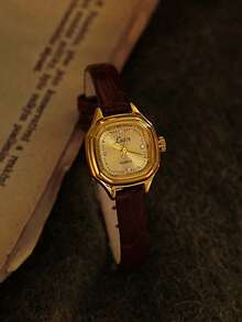 1 PC New Ultra-Thin French Retro Women's Watch With Gold Dial & Soft Brown Leather Strap - Petite, Water-Resistant, Minimalist Elegance For Daily, Party, Vacation Wear And Gift Giving
