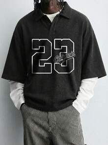 “花卉字体”男士夏季华夫格雪花图案 Polo 衫 - 黑色 - 查看 1