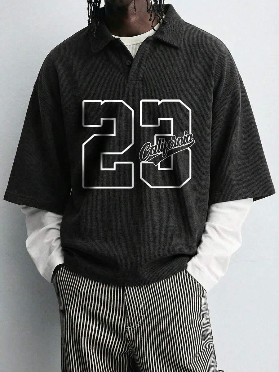 “花卉字体”男士夏季华夫格雪花图案 Polo 衫 - 黑色 - 查看 1