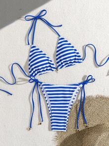 wohenmeili 夏季度假沙滩条纹比基尼套装 - 藍白條 - 查看 2