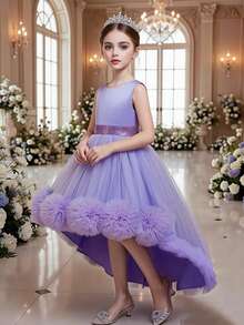 Tween 女童无袖花卉网眼拖尾公主裙、派对节钢琴演奏礼服 - 紫色 - 查看 2