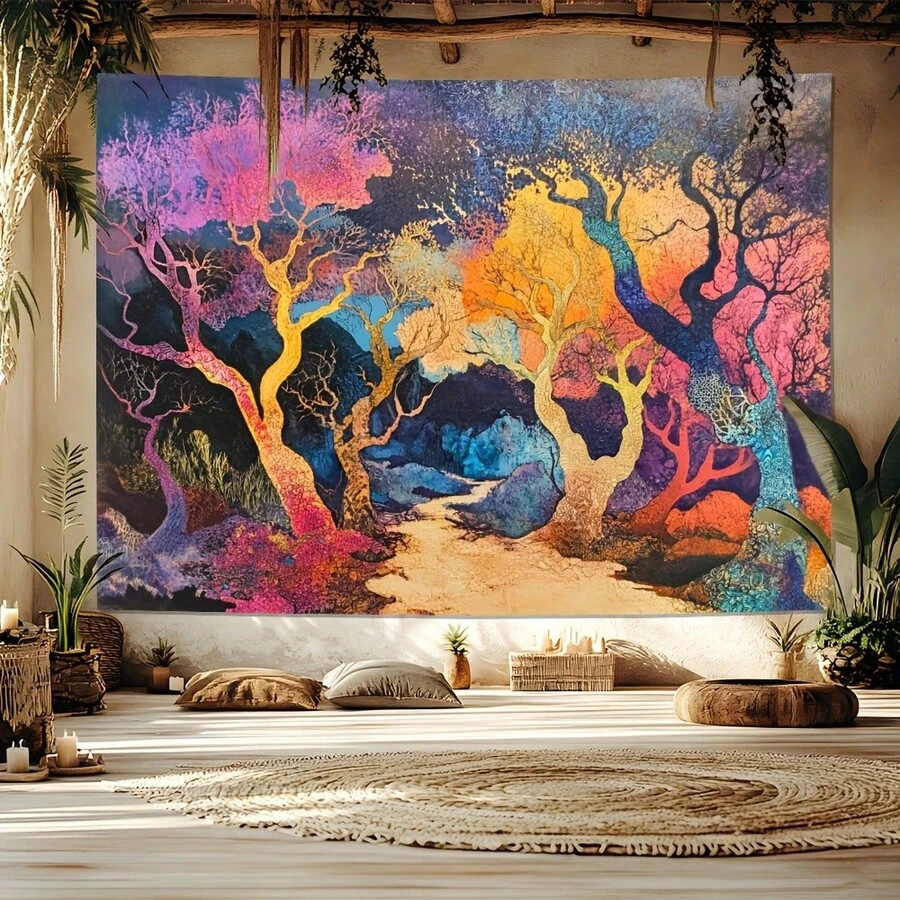 1pc -Chic Tree Tapestry Wall Hanging - Trees In Soft Pink, Yellow & Blue Hues - Lightweight Fabric Suitable For Wall Decor, Party Decoration,, Bedroom, Dorm Room Decor - 如圖所示 - 查看 1