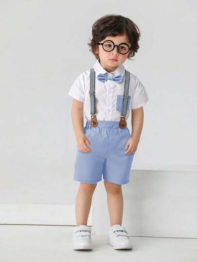 BOARNSEORL 两件套男童绅士套装 - 蓝色短裤配背带，短袖衬衫配蝴蝶结，时尚帅气，适合生日派对、婚礼、洗礼等场合。