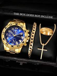 4-Piece Set: Fashionable Business Casual Men's Watch With Large Dial, Stainless Steel Band, Quartz Movement, Paired With Personalized Chain Bracelet, Cross Pendant Necklace, And Ring Jewelry Set, Suitable For Men's Gifts, Holidays, Business, Parties, And Daily Wear - Gold - View 2