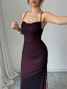 Elegant, Sexy, Retro Women's Dress, High-Waisted, With Side Drawstring And Criss-Cross Straps At The Back, Suitable For Dates, Birthdays, Graduations And Other Occasions. - 酒紅色 - 查看 4