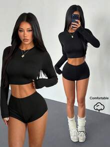 AiTyi 女士两件套，休闲时尚性感舒适修身户外运动百搭套装，适合毕业典礼、返校季、秋季穿着，罗纹针织长袖上衣和短裤 - 黑色 - 查看 6