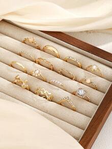 15pcs/Set European & American Ins Style Faux Gemstone, Pearl Flower, Geometric Crystal, Bow Design Ring Set - Silver - View 4