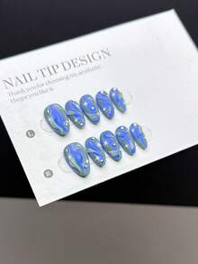 10 Pieces Of Purely Handmade Wearable Nail Tips, Short Almond-Shaped Nail Type With Press-On Fake Nails, Featuring A Cool Style, Hand-Painted Dark Green Nail Base Color, Three-Dimensional Transparent Asymmetrical Water Droplets, Hand-Painted Starburst Patterns, Blue Aurora Effect On The Nail Surface Nail Supplies - Multicolor - View 2