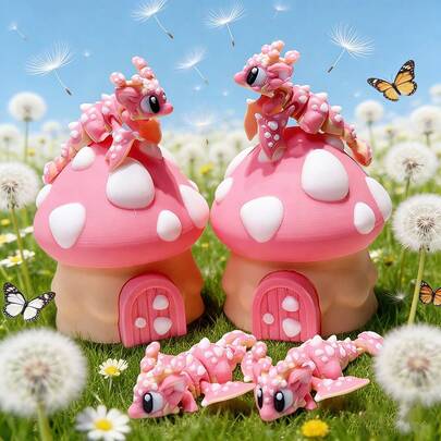 3D Printed Cute Mushroom House + Mushroom Dragon Model Set, Plastic Figurine Desktop Decor Sculpture, Holiday & Birthday Gift