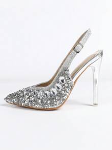 Silver Rhinestone Pointed Toe Stiletto High Heels For Women, Sparkling Elegant Ankle Strap Pumps, Luxury Party/Date/Work Occasion Shoes - Silver - View 6