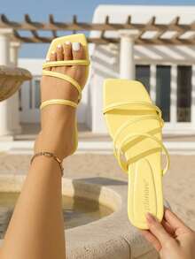 planare 女士时尚休闲度假风方头绑带PU露趾套脚舒适夏季黄色平底凉鞋，沙滩装扮 - 黃色 - 查看 10