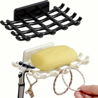 1pc Elegant Wall-Mounted Soap Dish With Drainage, Black & White Square Holder - No Drilling Required, Premium Bathroom Storage Box With Hook, For Soap & Accessories, Soap Bar Holder, Christmas Gift Decor