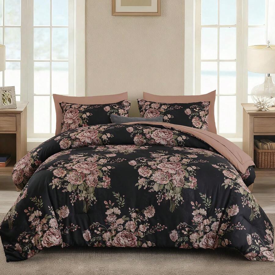 7 Pieces Purple Floral Comforter Set King Size, Soft Microfiber Black Powder Bed In A Bag Comforter Set With Sheets For All Season,Home ,Bedroom Decor ,Perfect Gift For Valentine's Day, Women's Day & Weddings ,Essential Household Supplies - Bột đen - Xem 1