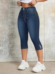 Women's Mid-Rise Slim Fit 7/8 Length Jeans - Button Hem Design, Functional Pockets, Slimming Casual Everyday Denim Pants - Dark Wash - View 3