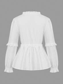 ii Women's Elegant Textured V-Neck Frill Trim Long Sleeve Blouse White Spring - White - View 9
