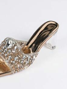 Zapatos de tacón alto elegantes y de lujo para mujer, con cristales transparentes. Tacón cuadrado totalmente decorado con cristales, tacón grueso y cómodo. Glamoroso y brillante con cristales, adecuado para fiestas, reuniones, bailes, compras y diversas ocasiones y festivales, que muestran un estilo elegante, de moda y versátil. Zapatos de tacón alto cómodos, sandalias de tacón alto decoradas con cristales. - Champán - Ver 7