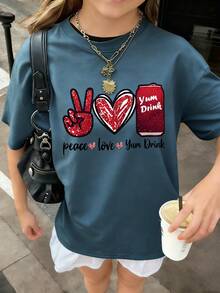 Valentine's Day Casual Printed Round Neck Short Sleeve T-Shirt For Girls And Young Children, Summer - Biye Love Beverage Art Style T-Shirt Inspires Imagination And Self-Expression! Kids Clothes Girls Graphic Tees Summer Tops Tween Girl Clothes Valentine's Day - Blue - View 1