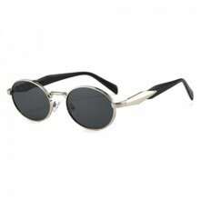 1 Pair Of  Street Style Oval Metal New Fashion Retro High-End Sunshade Glasses - Silver Frame With Black and Gray Trim - View 4