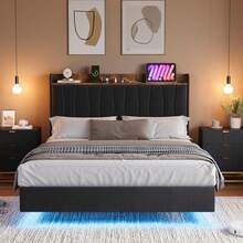 Queen-Size Floating Bed Base With LED Lights And Charging Station, Upholstered Platform With Storage Headboard, Wooden Slat Support, No Box Spring Needed - Black - View 1