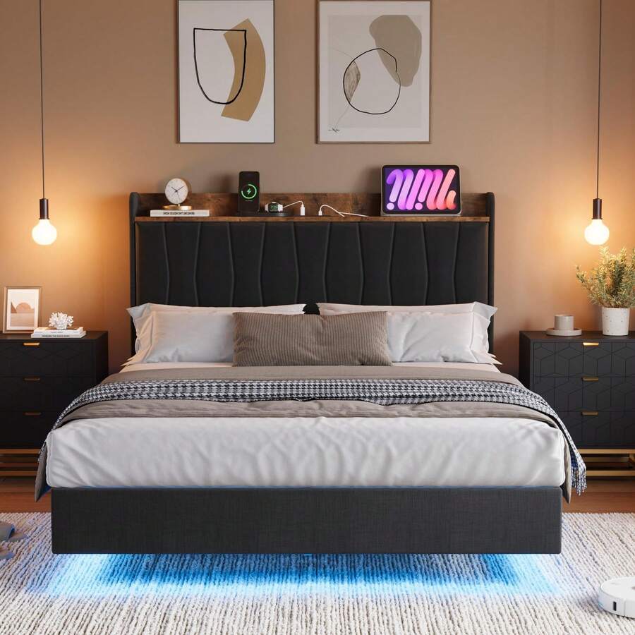Queen-Size Floating Bed Base With LED Lights And Charging Station, Upholstered Platform With Storage Headboard, Wooden Slat Support, No Box Spring Needed - Black - View 1