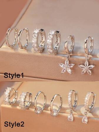 3 pares de pendientes de botón con flores, lágrimas y bolas de circonita cúbica brillante, un regalo de joyería elegante y de moda para mujeres, adecuado para usar en capas o individualmente