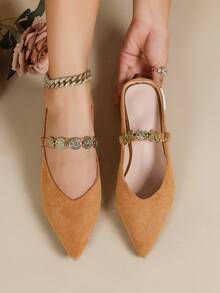 Women's New Pointed Toe Low Heel Mules, Fashionable Slip-On Mary Jane Shoes - Brown - View 1