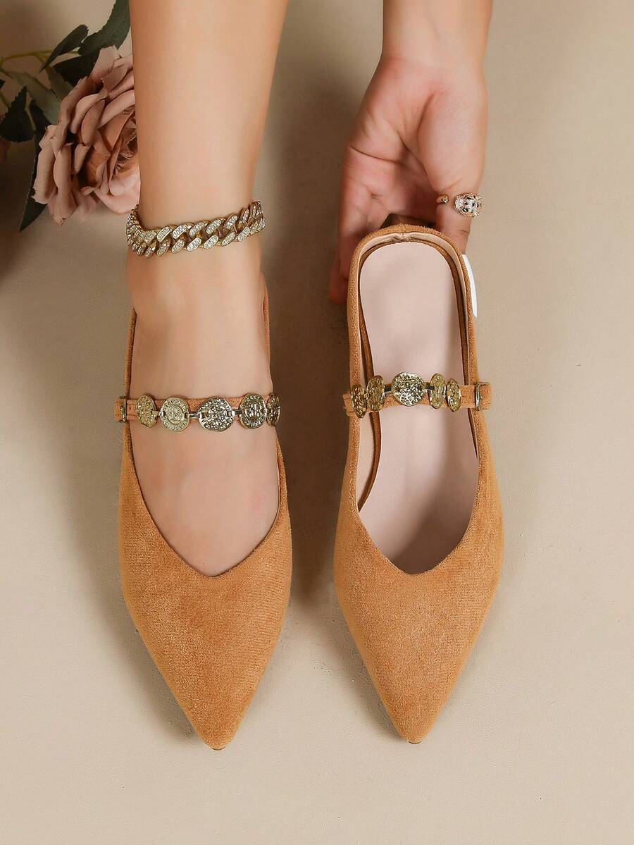 Women's New Pointed Toe Low Heel Mules, Fashionable Slip-On Mary Jane Shoes - Brown - View 1