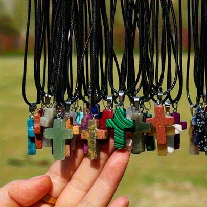20-Piece Natural Stone Cross Pendant Necklace Set, Chakra Gemstone Quartz Cross Necklace Decoration With Black Leather Cord, DIY Jewelry Making Suitable For DIY Necklace Jewelry Making, Christmas Gift Easter Party Gift Birthday Gift (10 Pendants + 10 Necklace Chains)