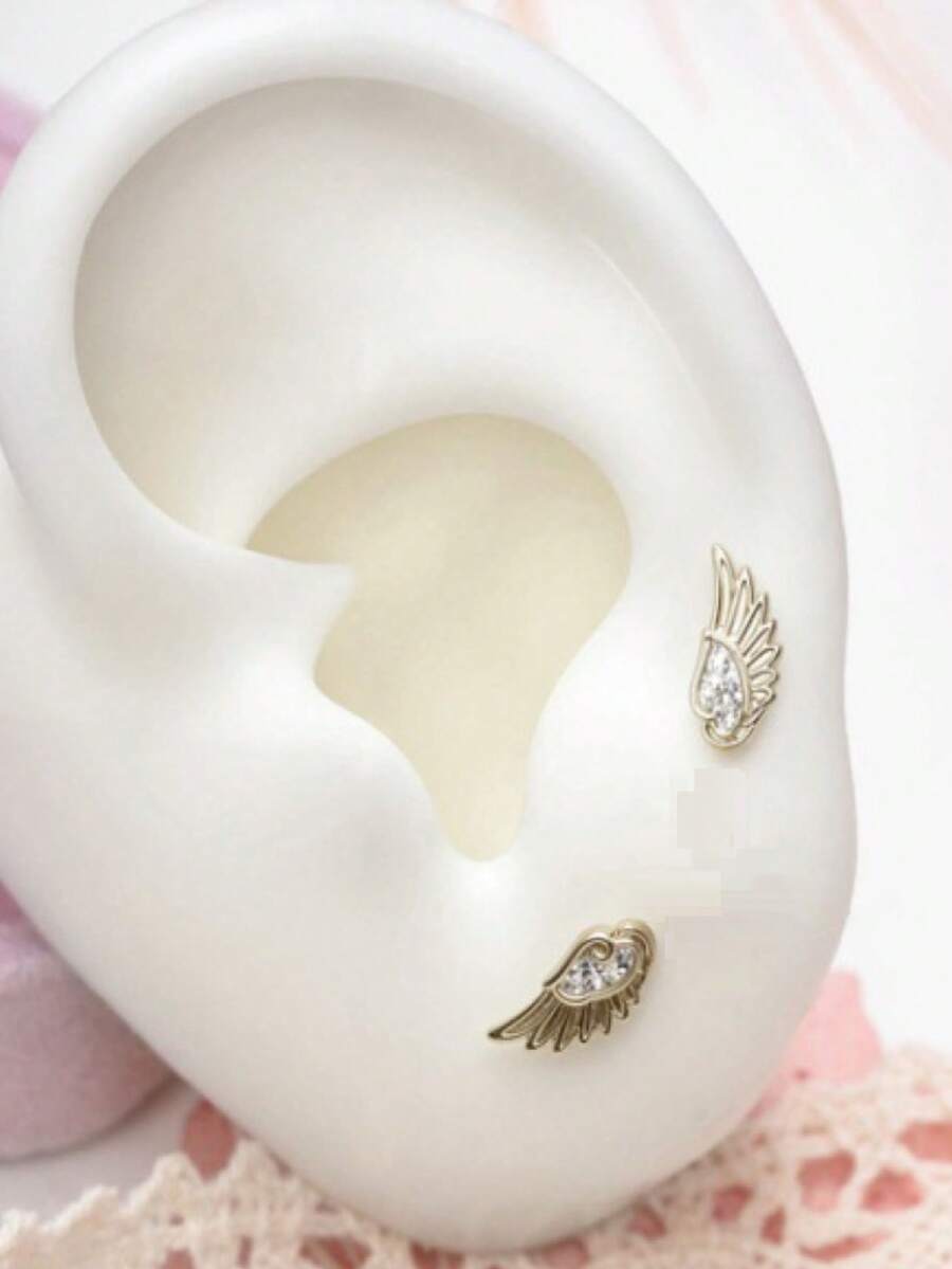 1 Set (+ Ala derecha) Aretes con diseño de alas de ángel de acero de titanio hipoalergénico y suave en estilo punk de color café, adecuado para perforaciones de cartílago de parejas - Pendiente de cartílago con forma de ala - Ver 1