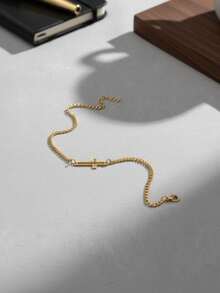 1 pieza Pulsera de cadena de acero inoxidable con cruz hueca, minimalista y de moda para hombres - Dorado - Ver 3