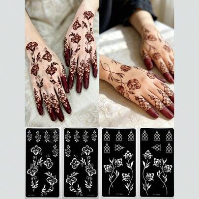 4 Sheets Reusable Self-Adhesive Henna Stencil Templates – Floral Designs Stencil Stickers For DIY Body Art, Perfect For Parties And Events, Stencils For Crafts Reusable, Mehndi Designs