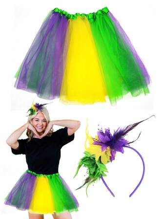 2 st. Forever & Moment Mardi Gras kostymtillbehörsset inkluderar konstgjord fjäder fascinator pannband Mardi Gras outfits tutus kjol för kvinnor Mardi Gras temafest cosplay kostymfest