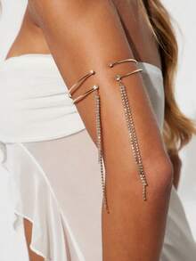 Women's Metal Cuff Bracelet, Long Tassel Crystal Arm Band, Sexy Party Style Arm Jewelry - Golden - View 2