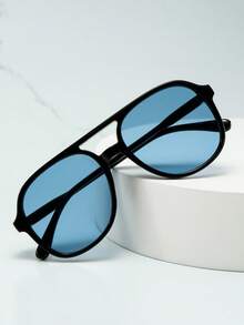 1pc Unisex Double Bridge Large Frame High Quality Minimalist Fashion Glasses, Suitable For Travel, Vacation, Casual Gatherings, And Daily Wear - Black Frame Blue Film - View 4