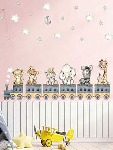 1pc Creative Watercolor Animal Hippopotamus, Zebra, Leopard, Giraffe, Train Pattern Self-Adhesive Wall Sticker, Nursery Decor, Girls/Boys Bedroom, Hallway, Living Room, Balcony Home Wall Decor - Multicolor - View 12