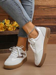 女士金色亮片拼接皮革圆头系带厚底低帮多功能时尚休闲运动鞋，橡胶鞋底防水防滑耐磨轻便平底鞋，春秋新款百搭日常休闲鞋 - 淺灰色 - 查看 5